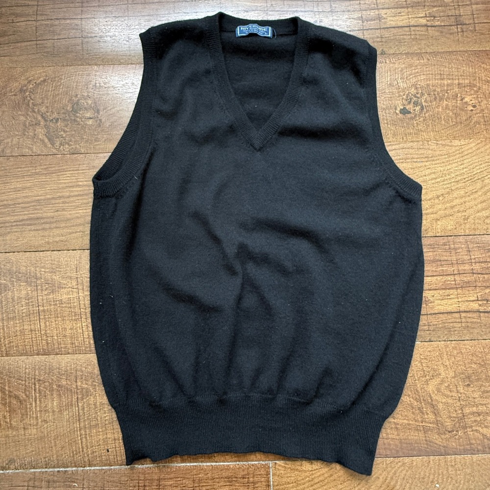 Riverside Mens Black 100% Merino Wool V-Neck Sweater Vest Size Large Vintage